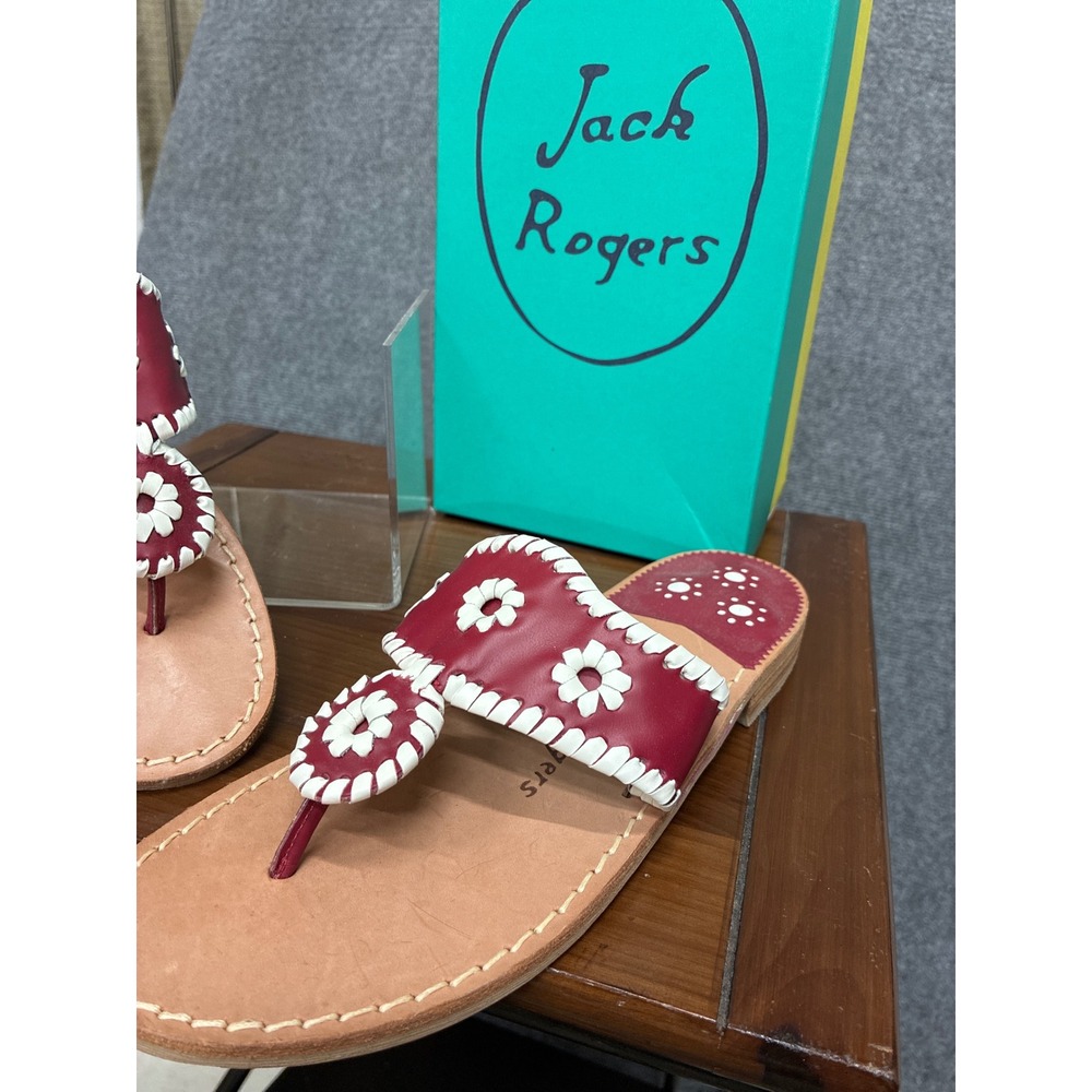 Jack Rogers Sandals Burgundy Red White Leather Whipstitch Thong Flats 7.5